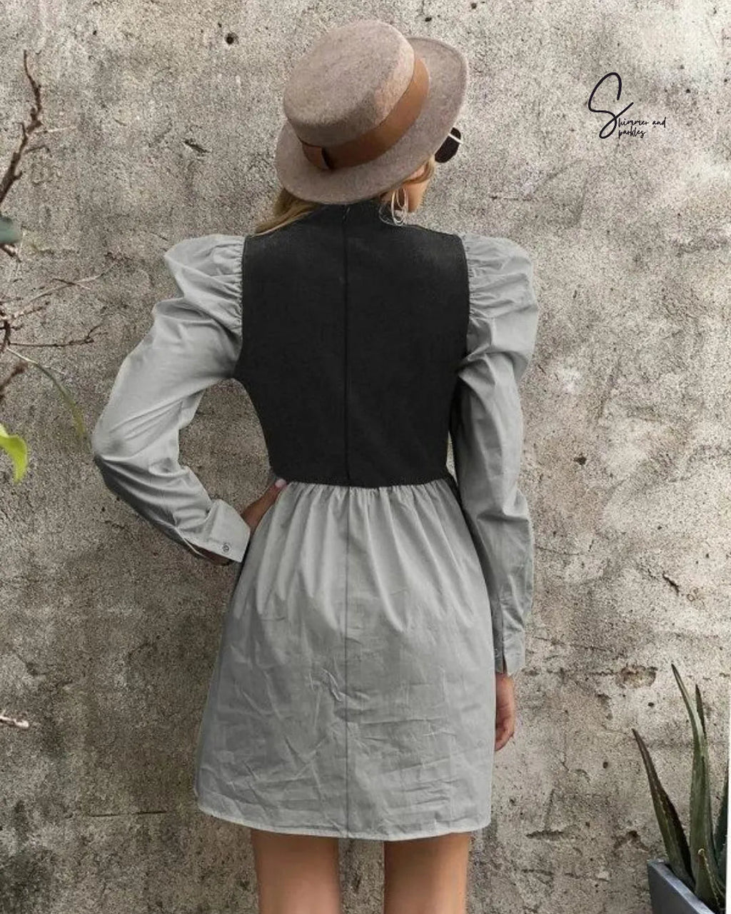 Mock Neck Gigot Sleeve Rib-knit Dress - BlackBole