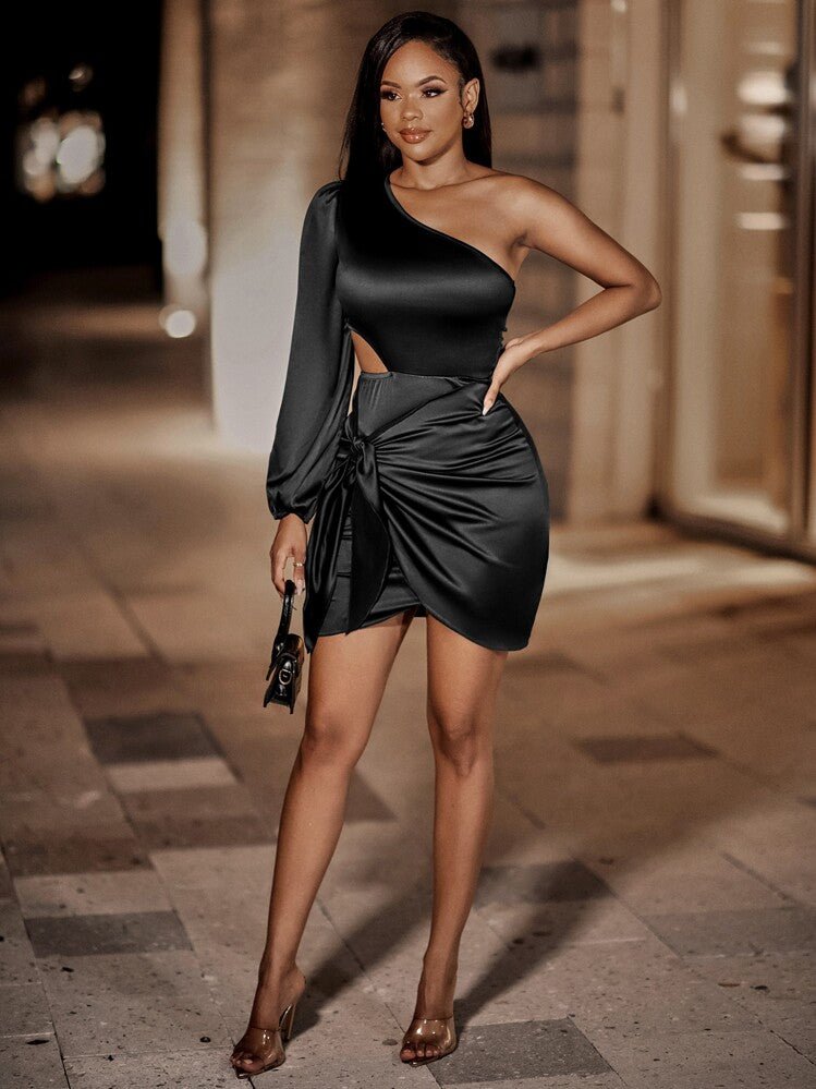 One-Shoulder Satin Mini Dress - BlackBole