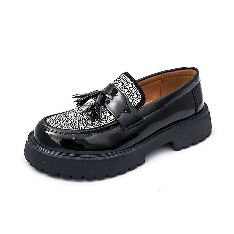 Rhinestone Tassel Platform Loafer in black