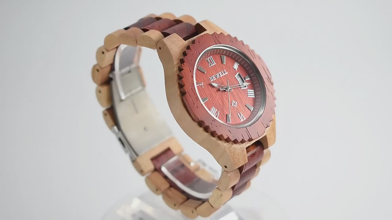 Handcrafted wooden wristwatch with red sandalwood dial and Roman numeral markers displayed on a white background video - BlackBole High Quality Watch