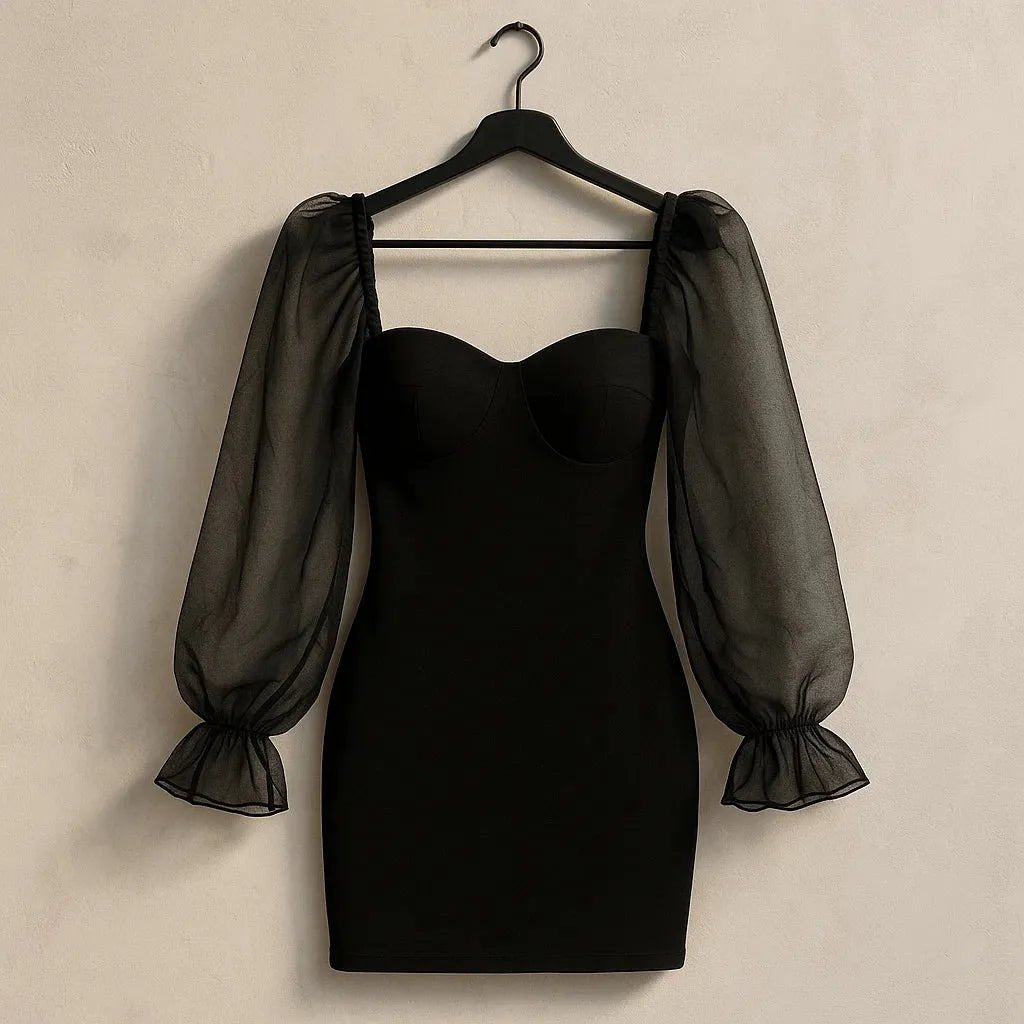 Shein Mesh Figurine Ruffle Sleeves Bodycon - BlackBole