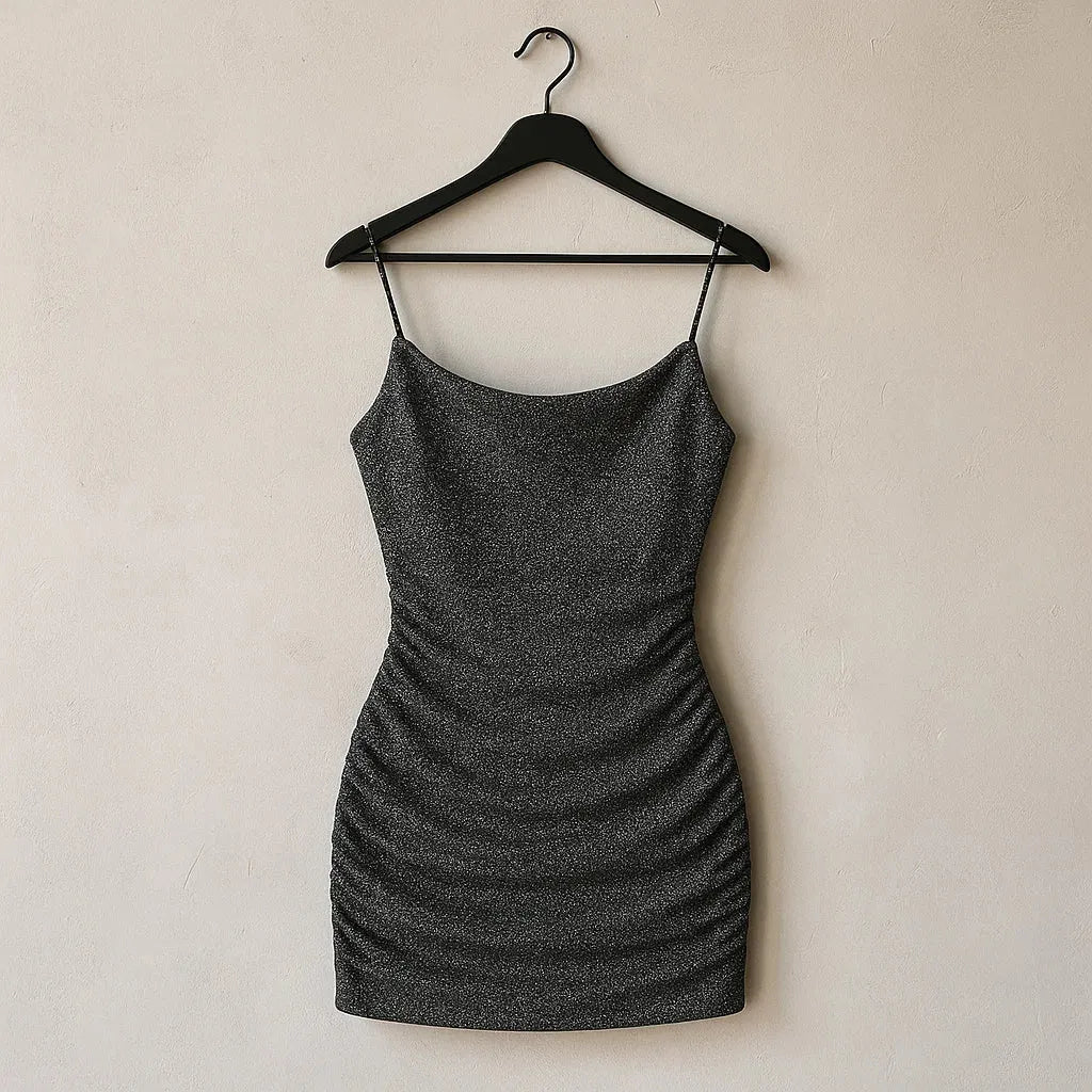 SHEIN PETITE Ruched Glitter Cami Dress (Code: 232) - BlackBole