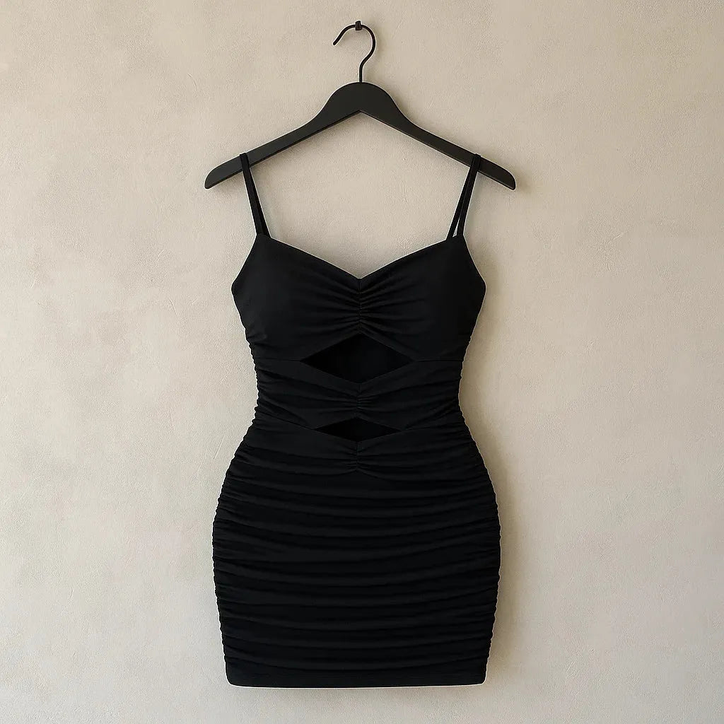 SHEIN Privé Solid Cut Out Ruched Bodycon Dress (Code: 233) - BlackBole
