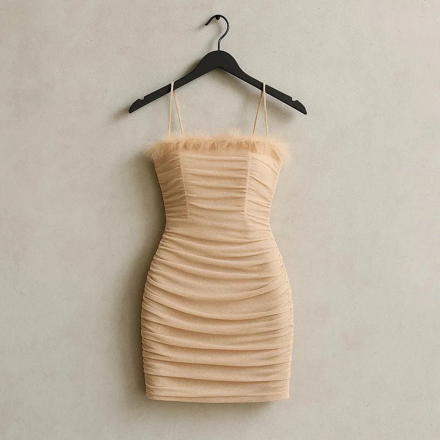 SXY Ruched Mesh Overlay Fuzzy Trim Tie Backless Halter Bodycon Dress