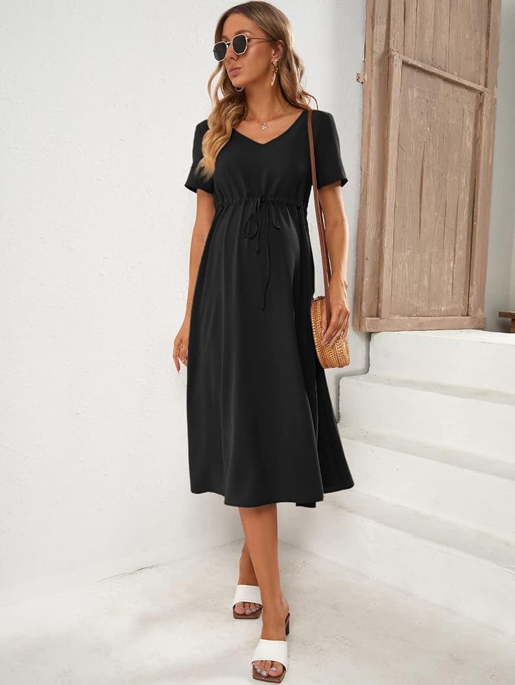 Women’s Solid Black Midi Dress - BlackBole