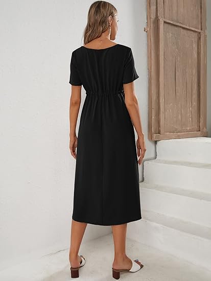 Women’s Solid Black Midi Dress - BlackBole
