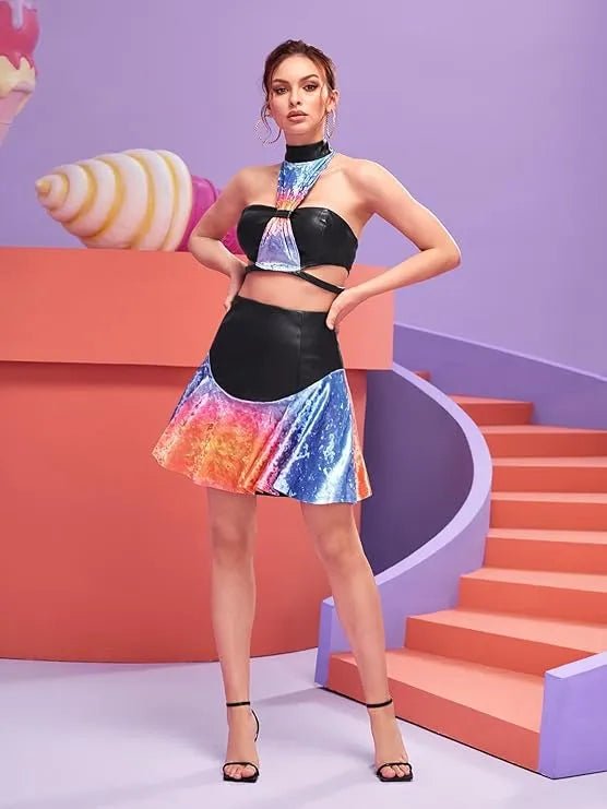 YiFan Yao Colorblock Tie Dye Print Mock Neck Cut Out Crop Top & Skirt Set - BlackBole